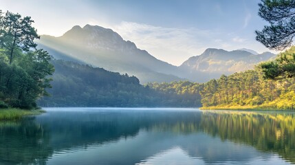 Fototapeta premium A breathtaking landscape, majestic mountain range bathed in golden sunlight during dawn, a crystal-clear lake reflecting the sky, lush green forests surrounding the area, soft mist hanging in the air.