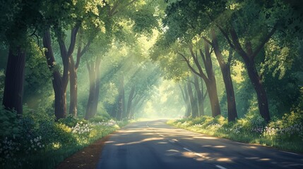 Obraz premium A tranquil road under a green canopy invites exploration, with wildflowers and birds enhancing the peace.