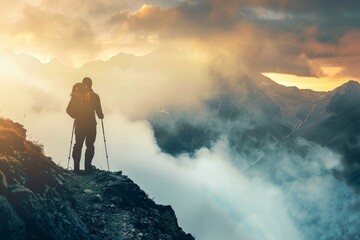 Majestic Mountain Landscape with Hiker Overlooking Stunning Valley.
