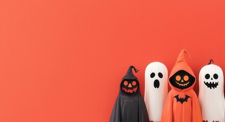 Halloween parade announcement, spooky characters in costume, flat design illustration