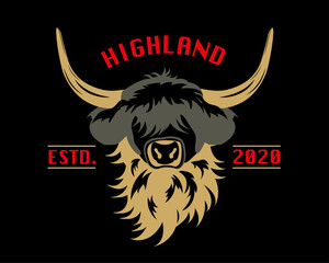 Portrait of Highland cattle, cow. Head of Scottish cattle isolated on black background. Design element for logo, poster, card, banner, emblem, t shirt. Vector illustration.