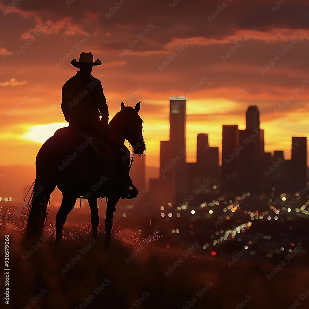 Wall mural a silhouette of a cowboy on horseback against a sunset, with the city lights of a modern metropolis 