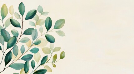 A serene watercolor illustration featuring a delicate branch with green leaves on a soft, neutral background.