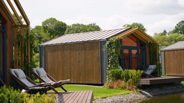 Prefabricated mobile modular container house outdoor near the lake