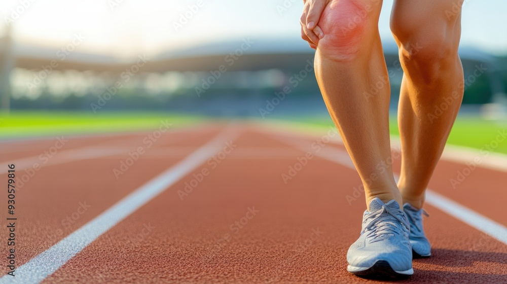 Sticker a woman with knee pain on a running track, ai