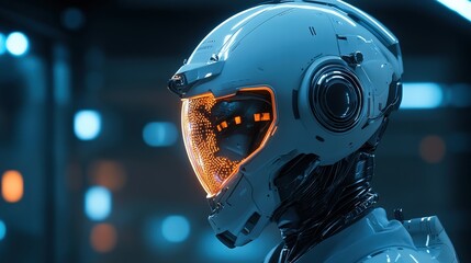 Fototapeta premium The futuristic helmet exhibits glowing elements and intricate details, reflecting advanced technology against a dark, illuminated backdrop