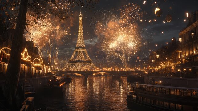 new year in Paris fireworks around Eiffel tower