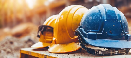Two construction hard hats, one yellow and one blue, sit on a wooden surface. The background is out of focus and depicts a construction site.