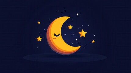 Fototapeta premium A whimsical crescent moon with a sleepy face surrounded by twinkling stars against a dark blue night sky.