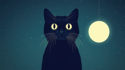 Fototapeta premium A whimsical illustration of a black cat gazing at a glowing moon, creating a mystical and enchanting atmosphere.