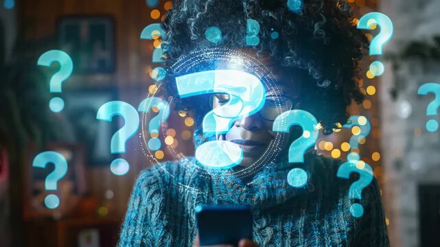 Woman with curly hair looking at smartphone with digital question marks overlay. Concepts of confusion, technology, and seeking answers in a digital age.