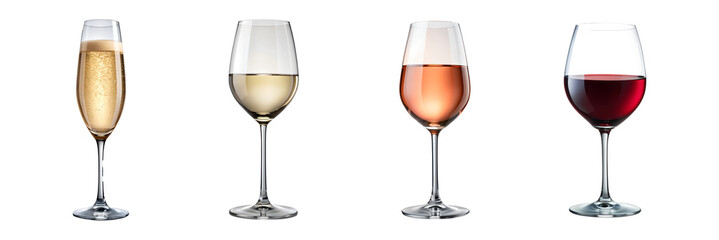 glasses of sparkling, white, rose, and red wines, transparent PNG file