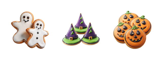 Halloween themed decorated cookies, ghost, pumpkin, witch hat, transparent PNG file