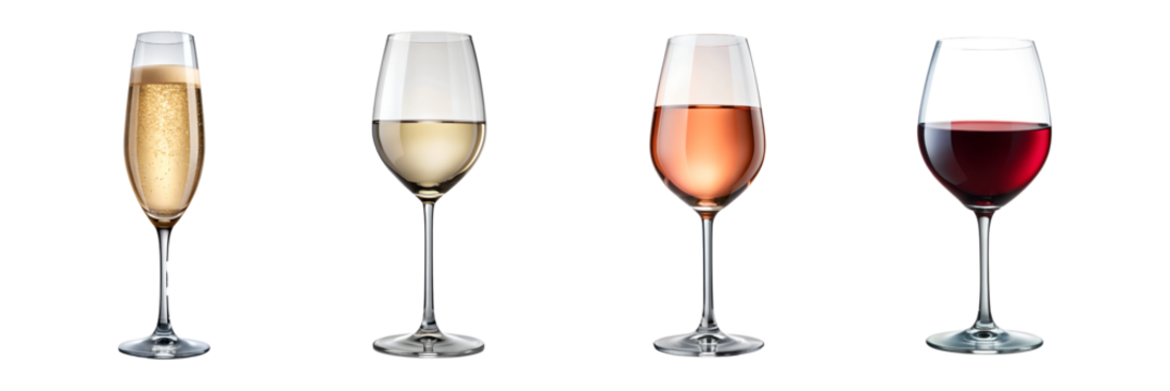 glasses of sparkling, white, rose, and red wines, transparent PNG file