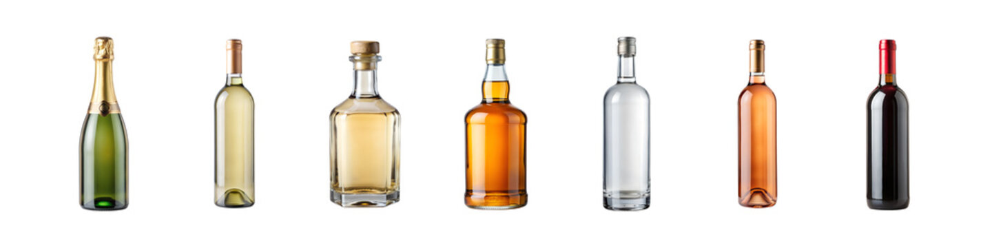 Assortment of different alcohol bottles, spirits and wines, transparent PNG file