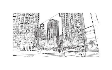 Print Building view with landmark of   Stanley is the capital in Falkland. Hand drawn sketch illustration in vector.