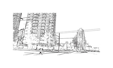 Obraz premium Print Building view with landmark of Stanley is the capital in Falkland. Hand drawn sketch illustration in vector.