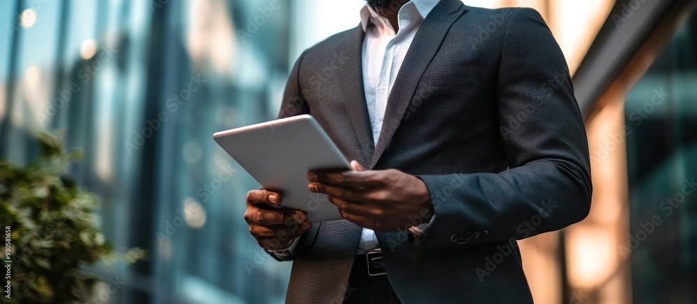 Wall mural A Man in a Suit Using a Tablet in an Urban Setting