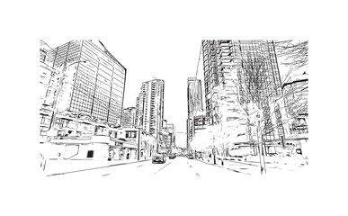 Print Building view with landmark of   Stanley is the capital in Falkland. Hand drawn sketch illustration in vector.