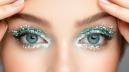 Fototapeta premium A woman showcases her stunning face adorned with colorful glitter and geometric patterns, radiating beauty and creativity against a backdrop of shimmering lights