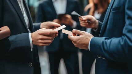 A group of business professionals networking, exchanging business cards, and engaging in discussions at a conference