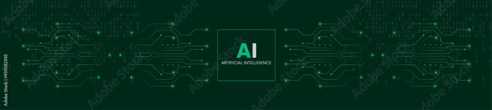 Poster banner ai circuit tech data. the dark green background highlights the tech-driven design and futuris