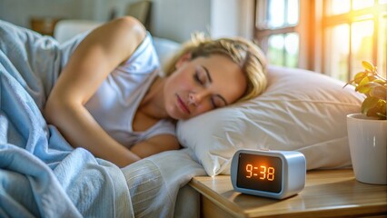 Closeup of the digital alarm clock on the bedsheets showing 9AM, time to wake up in the morning, woman sleeping in a bed,  covered with a white blanket, sunlight, late for work, laziness