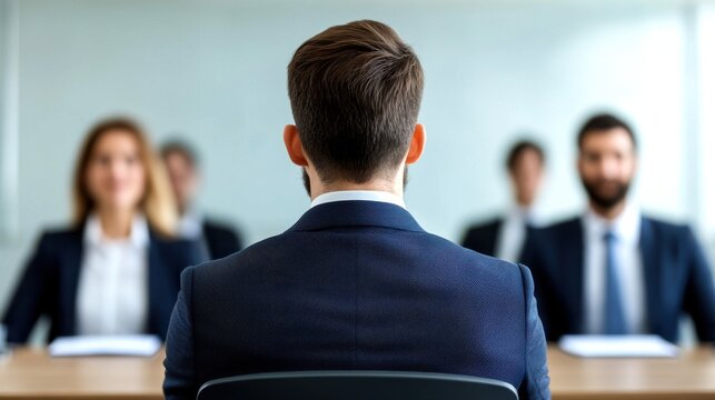 Focused candidate attending a professional interview with a panel of interviewers in a modern office setting.