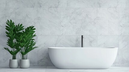 Modern bathroom featuring a sleek white bathtub, minimalist design, and decorative greenery for a serene atmosphere.