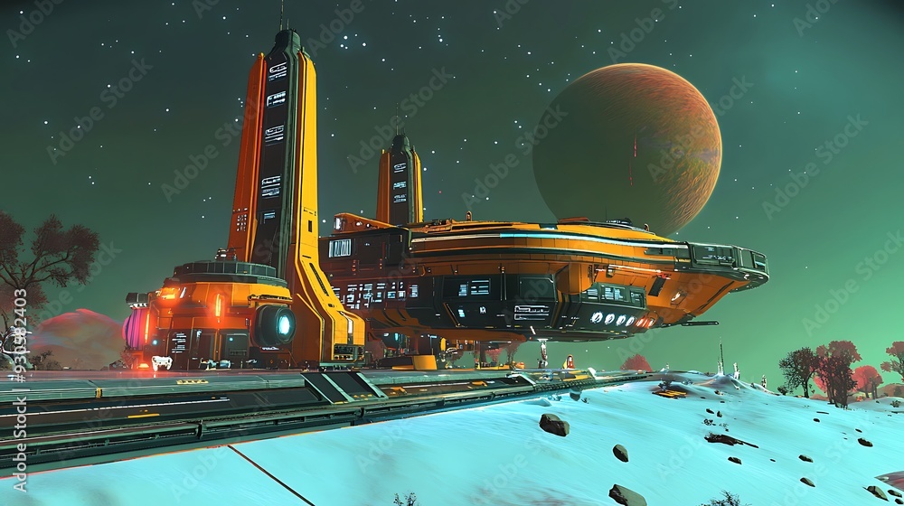 Poster a futuristic space station orbiting a distant planet, with digital controls in view.