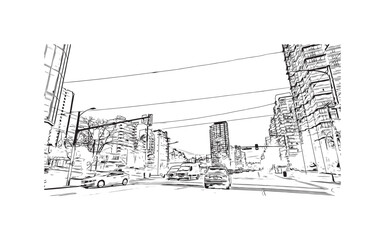 Obraz premium Print Building view with landmark of Stanley is the capital in Falkland. Hand drawn sketch illustration in vector.