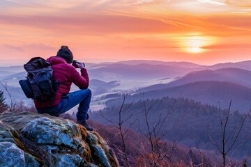 Tranquil Mountain Sunrise Captured by a Photographer with Camera.
