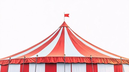 Red and White Circus Tent Top with Flag Against a Clear Sky. Classic and Iconic Symbol of Entertainment, Adventure, and Festivity