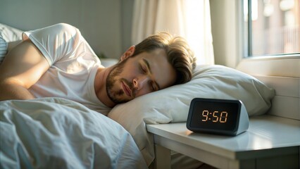 Closeup of the digital alarm clock on the bedsheets showing 9AM, time to wake up in the morning, man sleeping in a bed,  covered with a white blanket, sunlight, late for work, laziness
