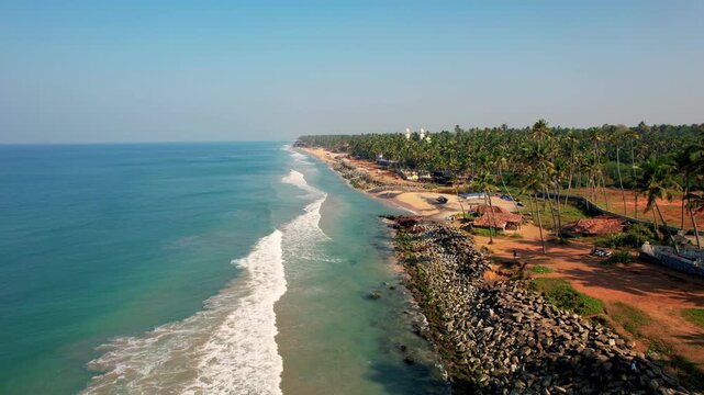 Aerial view of Coastline of exotic tropical beach. Varkala beach, Kerala, India