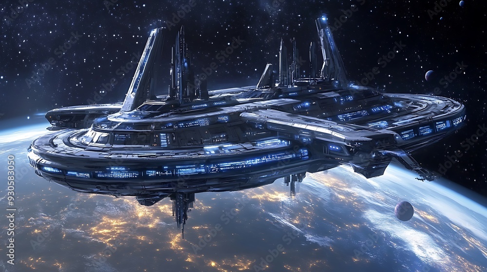 Poster a futuristic space station orbiting a distant planet, with digital controls in view.