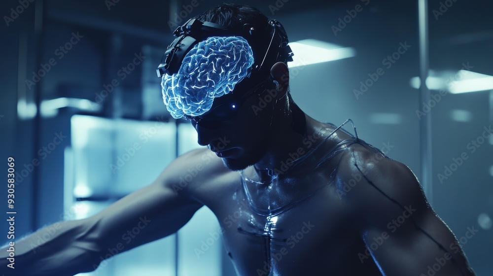 Aufkleber a person engages with innovative brain-computer interface technology in a dimly lit, high-tech lab