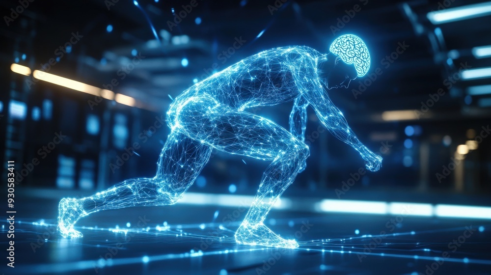 Poster a person actively participates in a brain-computer interaction within a high-tech laboratory illumin