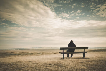 Obraz premium A solitary figure on a bench gazes upon expansive landscapes, a reflection of solitude and contemplation beneath a serene sky.