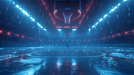 An empty basketball court drenched in rain, illuminated by vibrant neon lights, creating a dramatic and moody atmosphere in an indoor arena