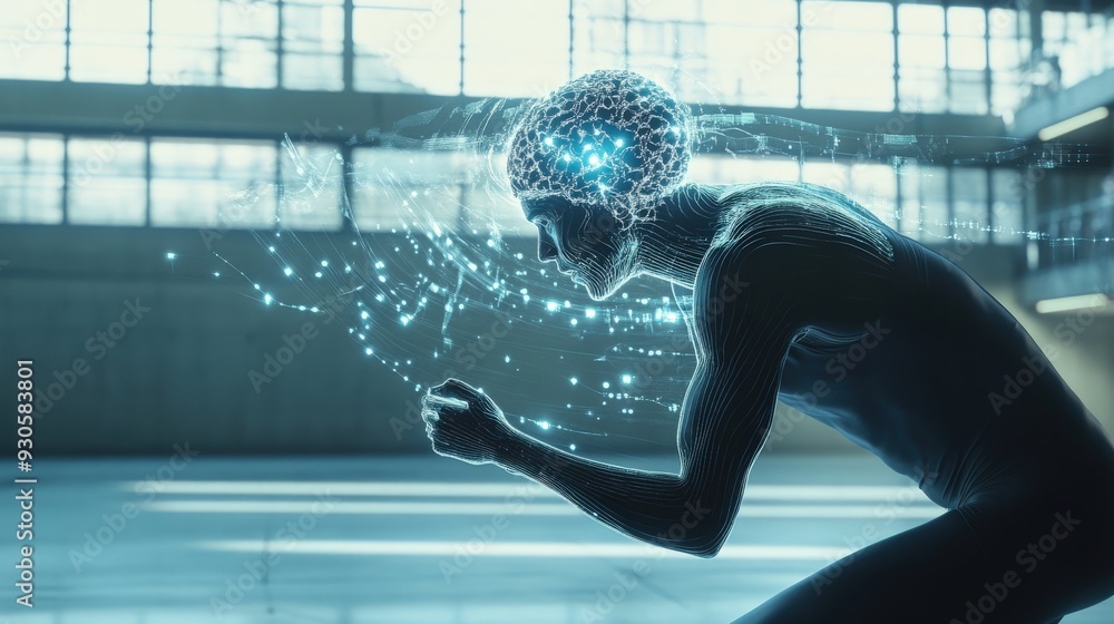 Poster a person focuses intently while interacting with a brain-computer interface, showcasing neural conne