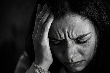 A Deep Struggle: Capturing the Intense Pain of a Migraine Through Emotion and Expression in This Powerful Black and White Image.