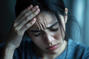 Fototapeta premium A Deep Reflection on Pain: The Emotional Journey of a Young Woman Battling a Severe Migraine in a Dimly Lit Room