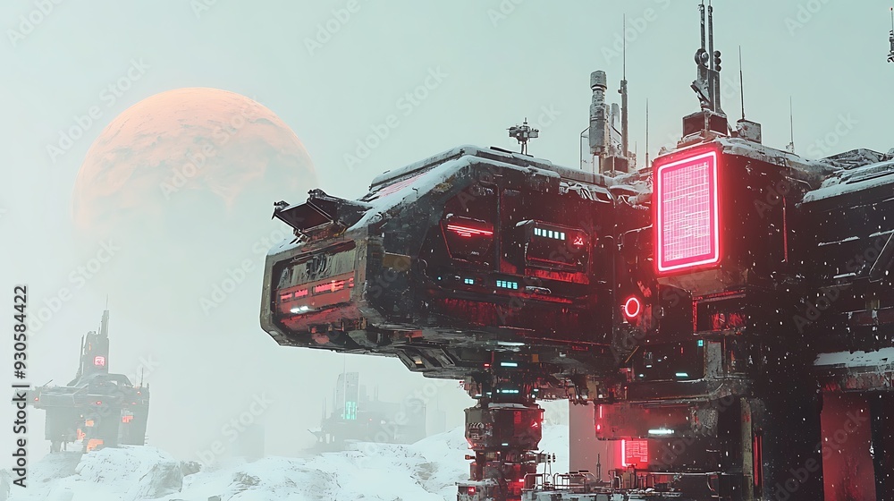 Poster a futuristic space station orbiting a distant planet, with digital controls visible
