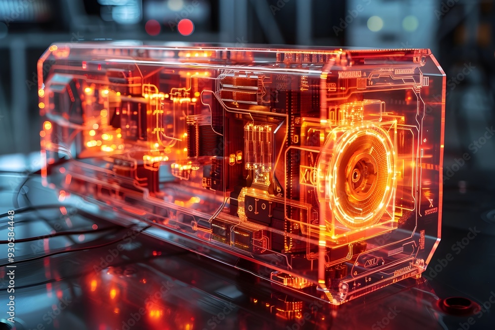 Poster sleek and futuristic quantum computer showcasing transparent inner workings and advanced hardware