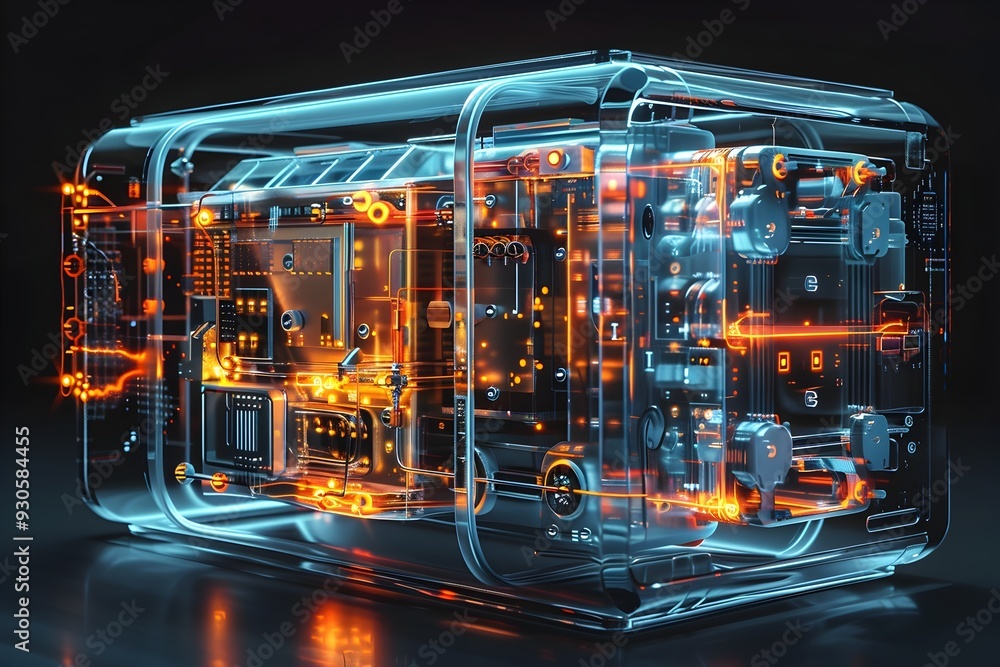 Poster sleek futuristic quantum computer with transparent casing revealing inner workings innovative techno
