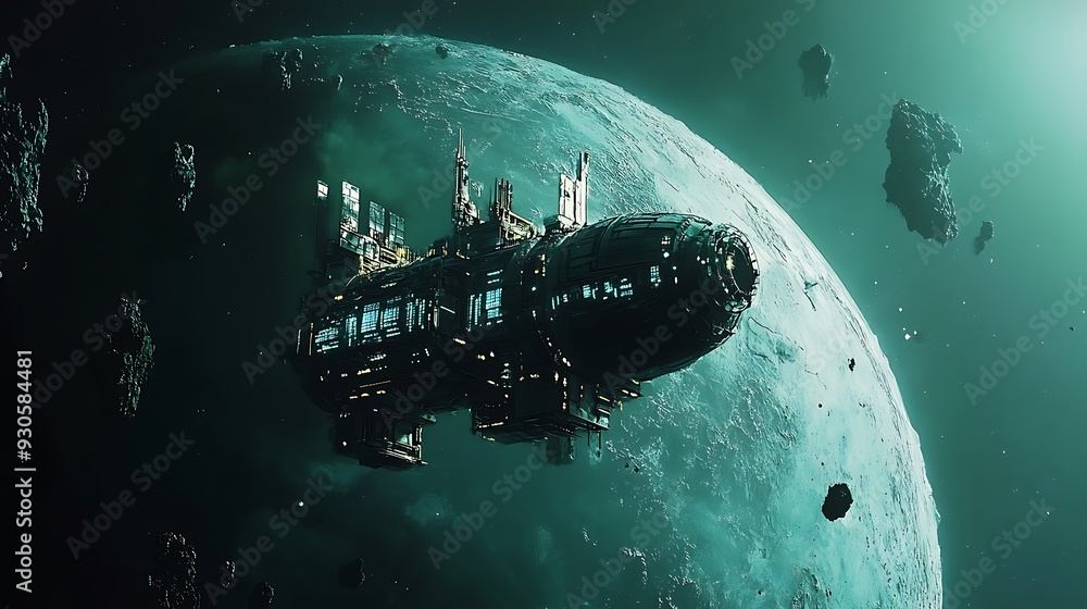 Poster a futuristic space station orbiting a distant planet, with digital controls visible