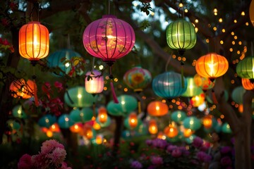 Spring Festival in City Park Featuring Colorful Floral Displays and Lanterns