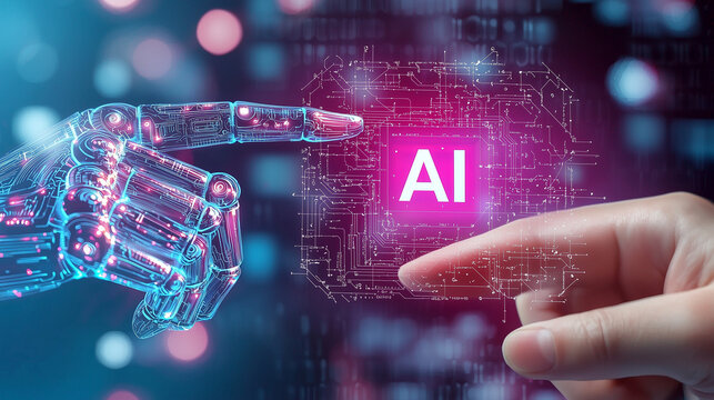 Finger of a person and a futuristic robot or hologram pointing to an AI icon, Artificial Intelligence. Concept of union between human being and artificial intelligence. Help of AI and technology.