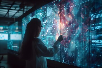 Futuristic quantum computing research lab with holographic data analysis